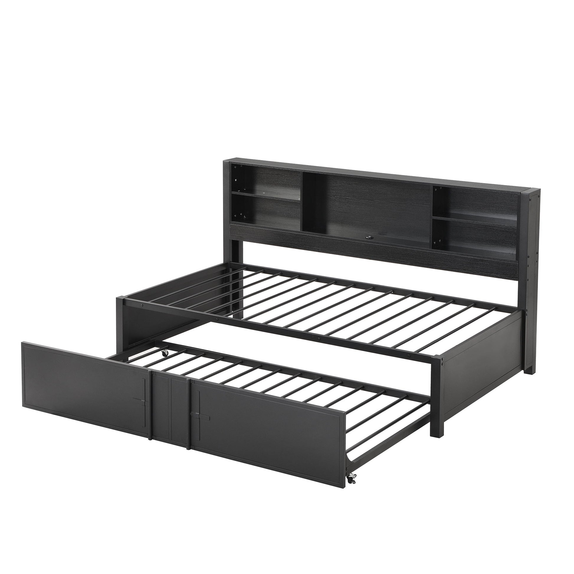 Industrial Metal Daybed With Trundle, Storage Shelves, USB Ports - The Sleep Loft - Online Mattress Showroom NYC