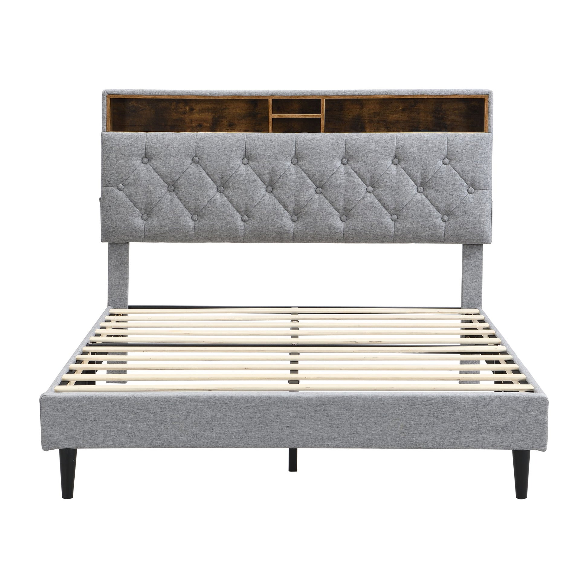 Modern Upholstered Platform Bed Frame With Button Tufted Headboard And USB Ports - The Sleep Loft - Online Mattress Showroom NYC