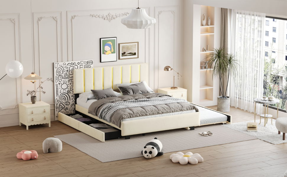 Upholstered Platform Bed With 2 Drawers And 1 Trundle, Classic Strip Headboard Design - The Sleep Loft - Online Mattress Showroom NYC