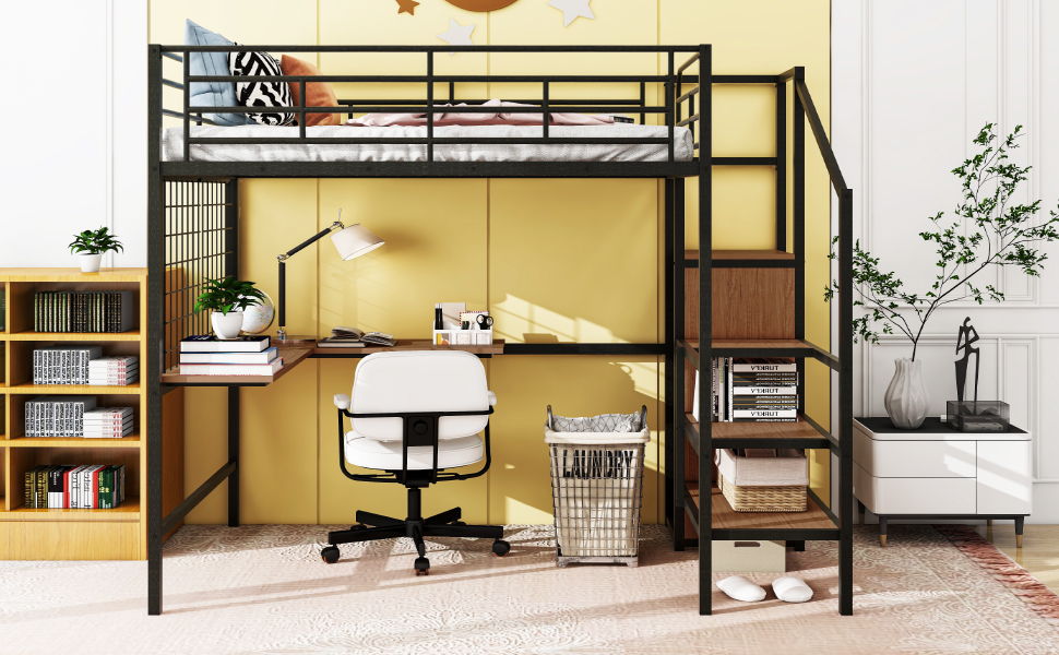 Loft Bed With Desk And Grid, Stylish Frame With Lateral Storage Ladder And Wardrobe - The Sleep Loft - Online Mattress Showroom NYC