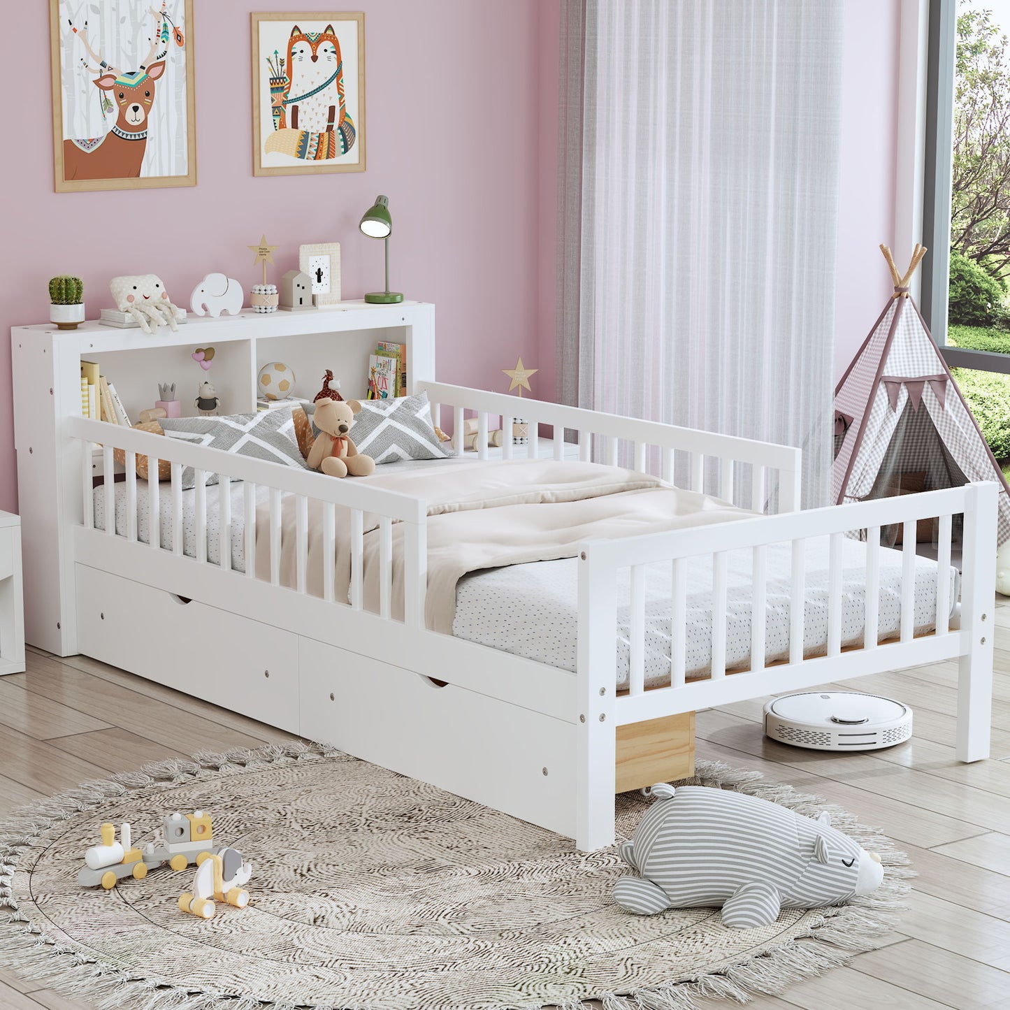Bed With Headboard Storage Rack, 2 Under Bed Drawers, 3 Side Guardrails For Safety - The Sleep Loft - Online Mattress Showroom NYC