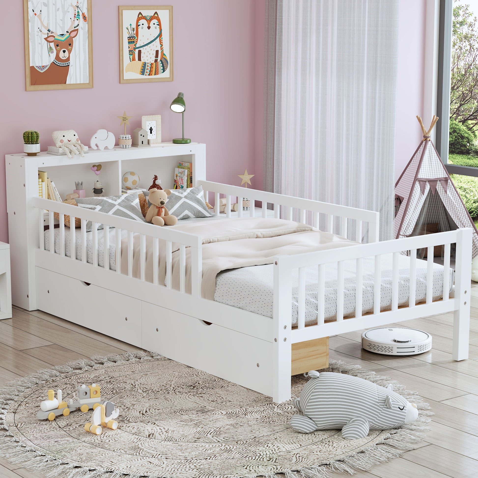 Bed With Headboard Storage Rack, 2 Under Bed Drawers, 3 Side Guardrails For Safety - The Sleep Loft - Online Mattress Showroom NYC