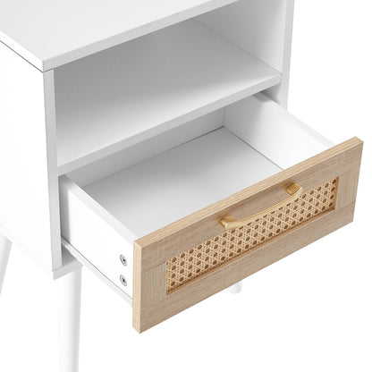 15.75" Rattan End Table With Drawer And Solid Wood Legs, Modern Nightstand, Side Table For Living Room, Bedroom - The Sleep Loft - Online Mattress Showroom NYC