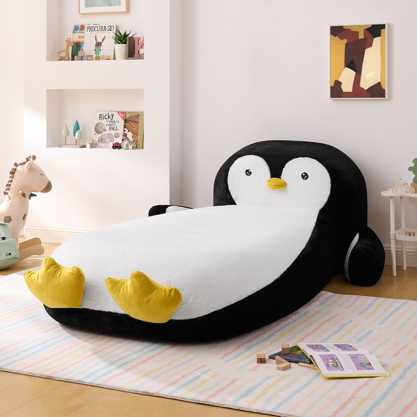 Twin Size Penguin Shaped Bed, Lounger Chair For Kids Bedroom - White / Black - The Sleep Loft - Online Mattress Showroom NYC