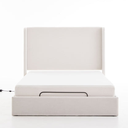 Caron - Queen Size Upholstered Wingback Bed With Adjustable Base Bundle Set - Ivory - The Sleep Loft - Online Mattress Showroom NYC