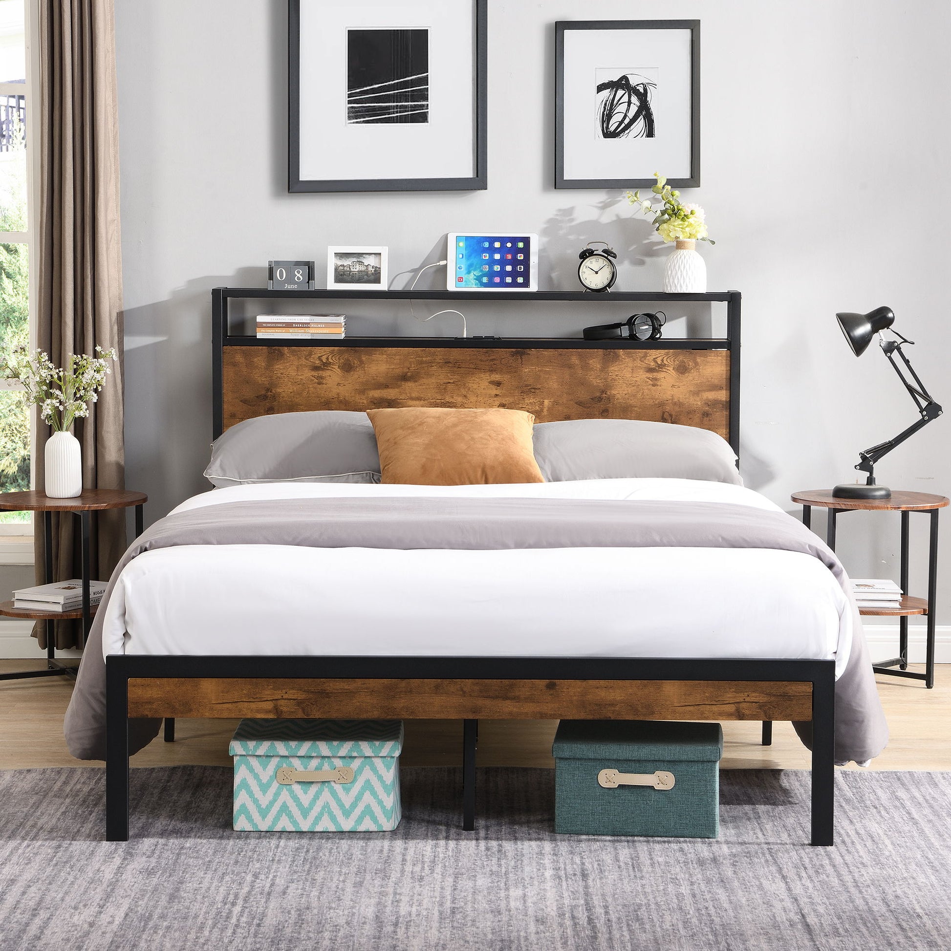 Metal Platform Bed Frame With Wooden Headboard And Footboard With USB Liner, No Box Spring Needed, Under Bed Storage - The Sleep Loft - Online Mattress Showroom NYC