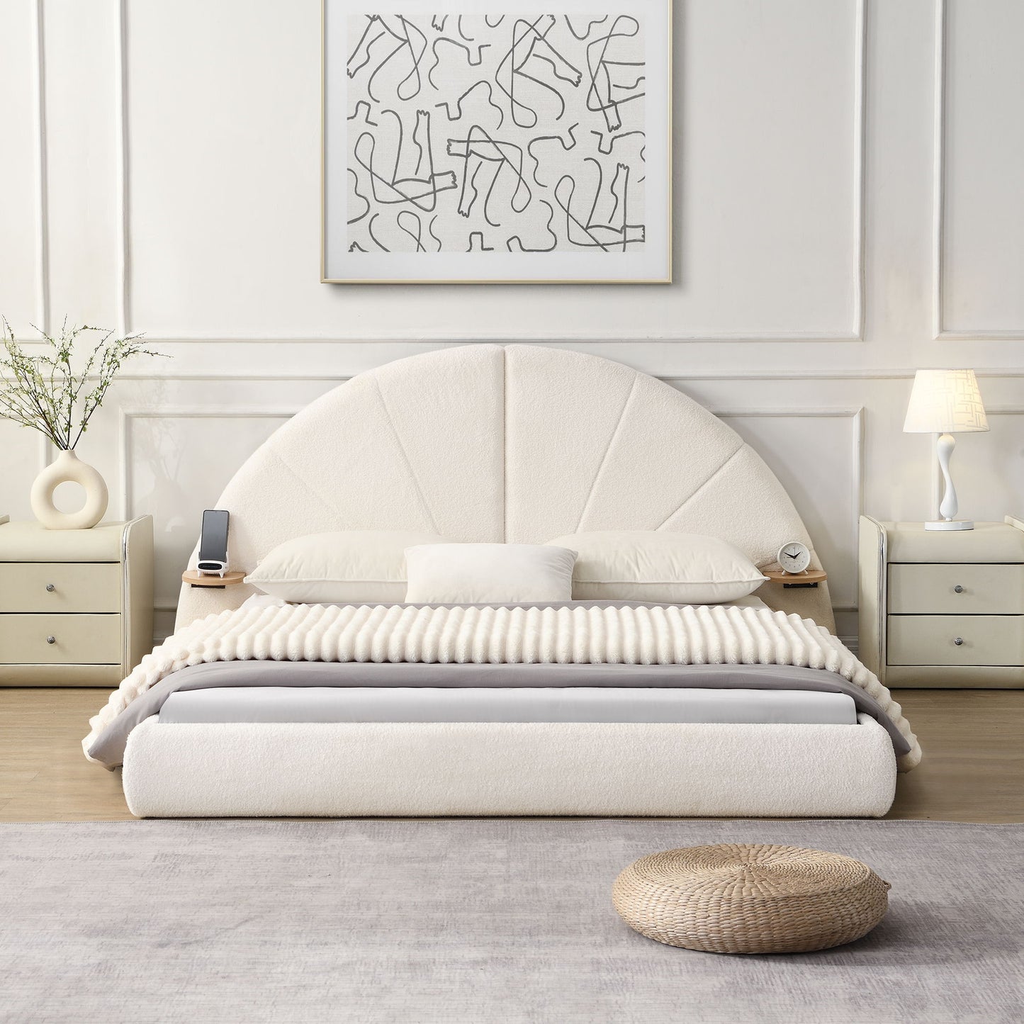 Queen Arched Bed With Small Table, Floor Standing Design - Beige - The Sleep Loft - Online Mattress Showroom NYC
