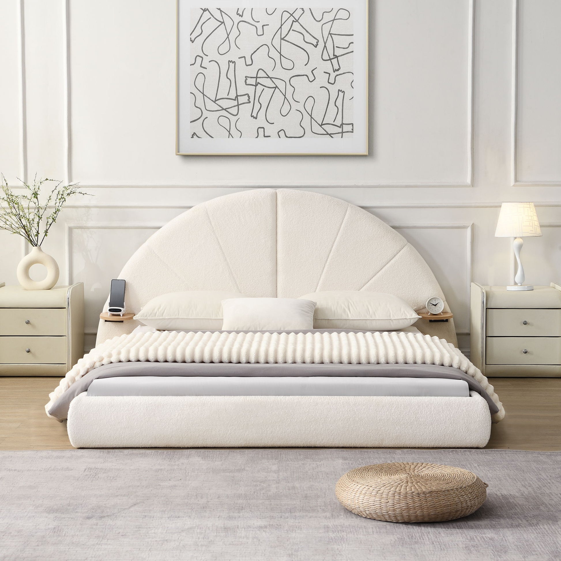 Queen Arched Bed With Small Table, Floor Standing Design - Beige - The Sleep Loft - Online Mattress Showroom NYC