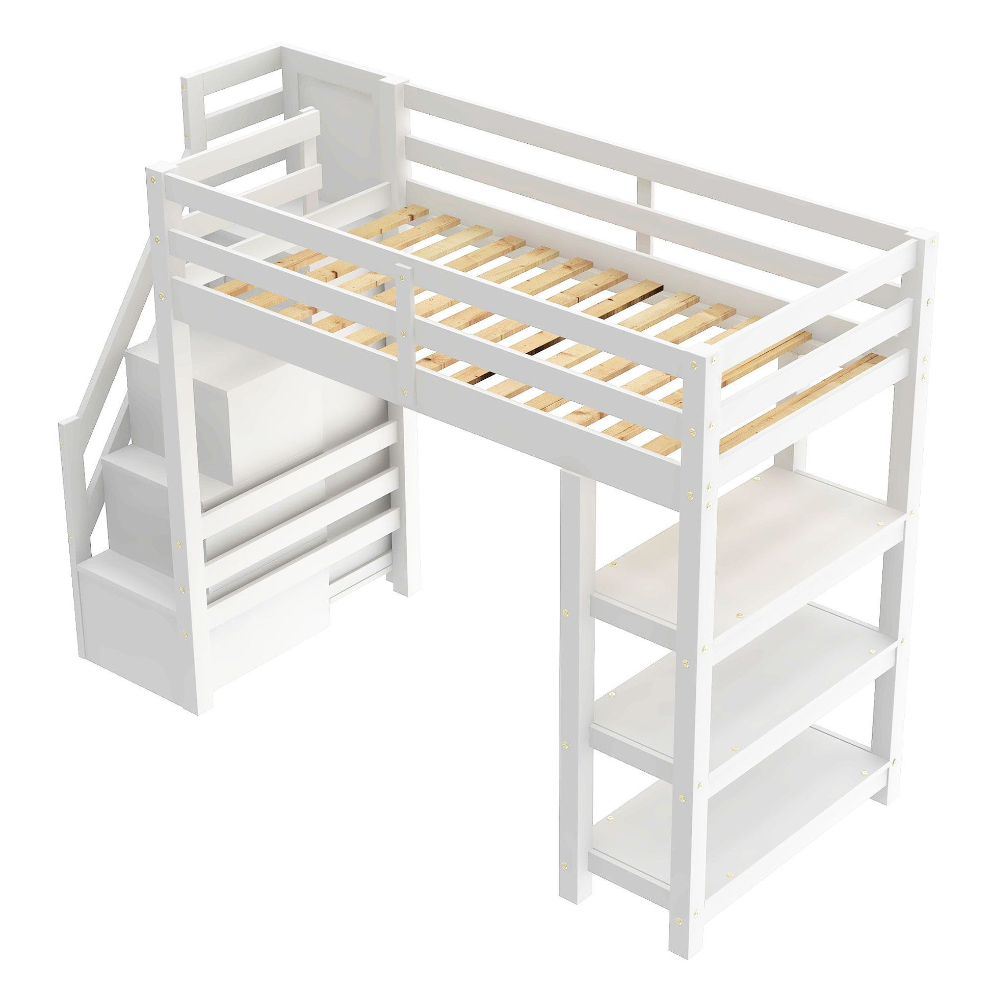 Loft Bed With 4 Layer Shelves, Storage Staircase, Small Wardrobe And LED Light - The Sleep Loft - Online Mattress Showroom NYC