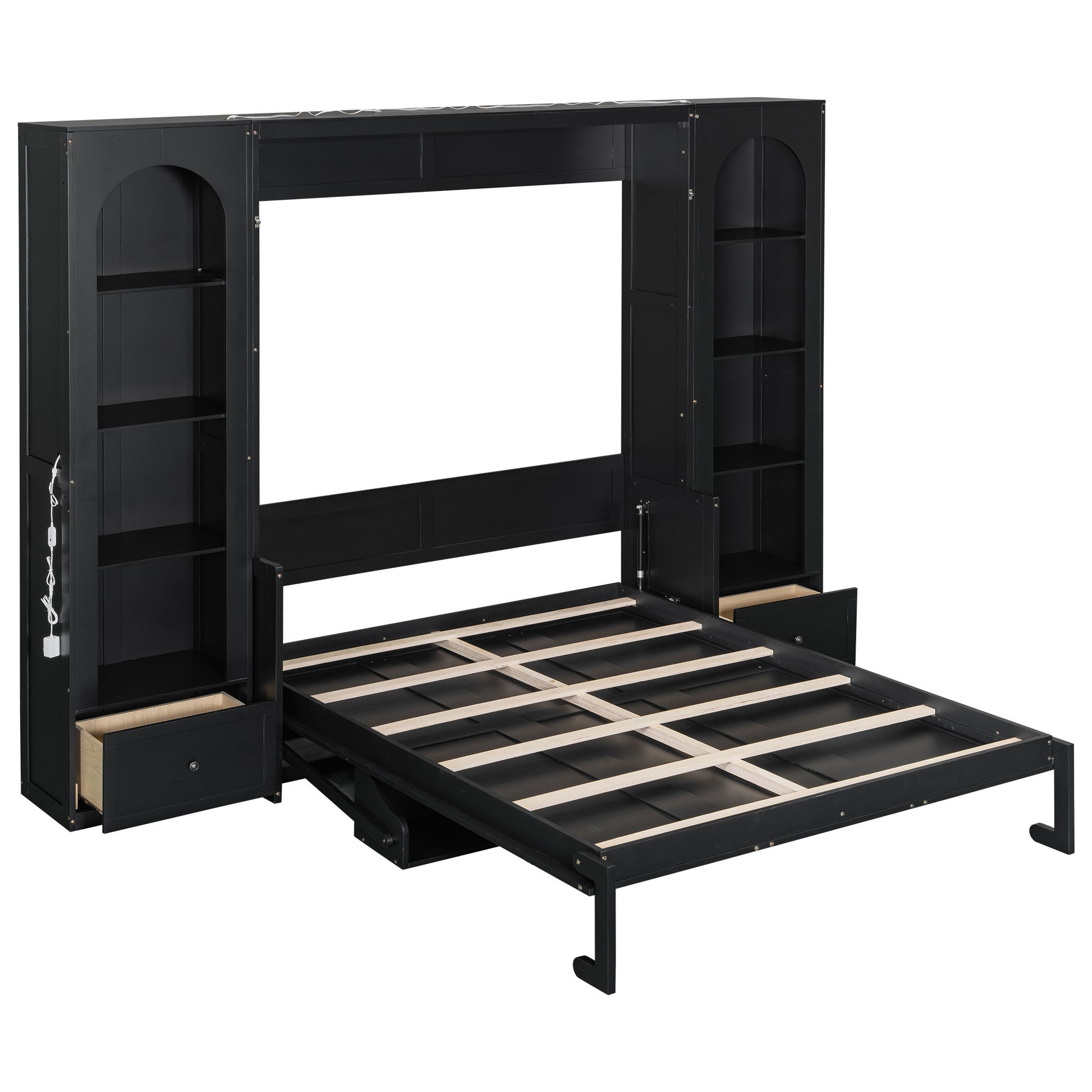 French Style Murphy Platform Bed With Shelf, Side Cabinets, Drawers And LED - The Sleep Loft - Online Mattress Showroom NYC