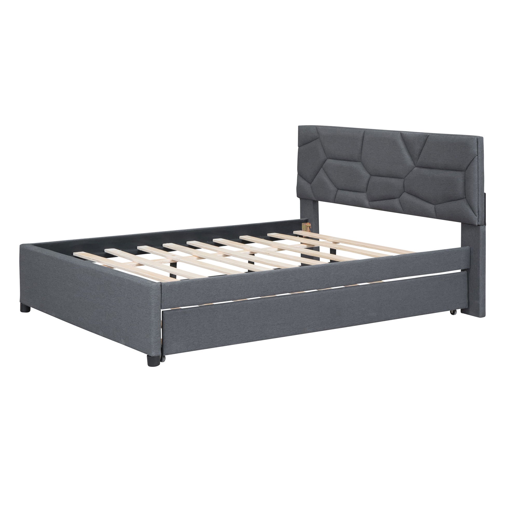 Upholstered Platform Bed With Brick Pattern Headboard And Twin Long Size Trundle - The Sleep Loft - Online Mattress Showroom NYC