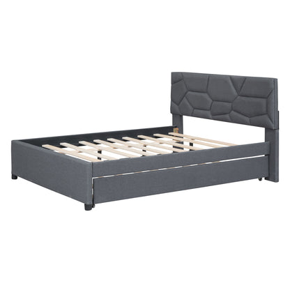 Upholstered Platform Bed With Brick Pattern Headboard And Twin Long Size Trundle - The Sleep Loft - Online Mattress Showroom NYC