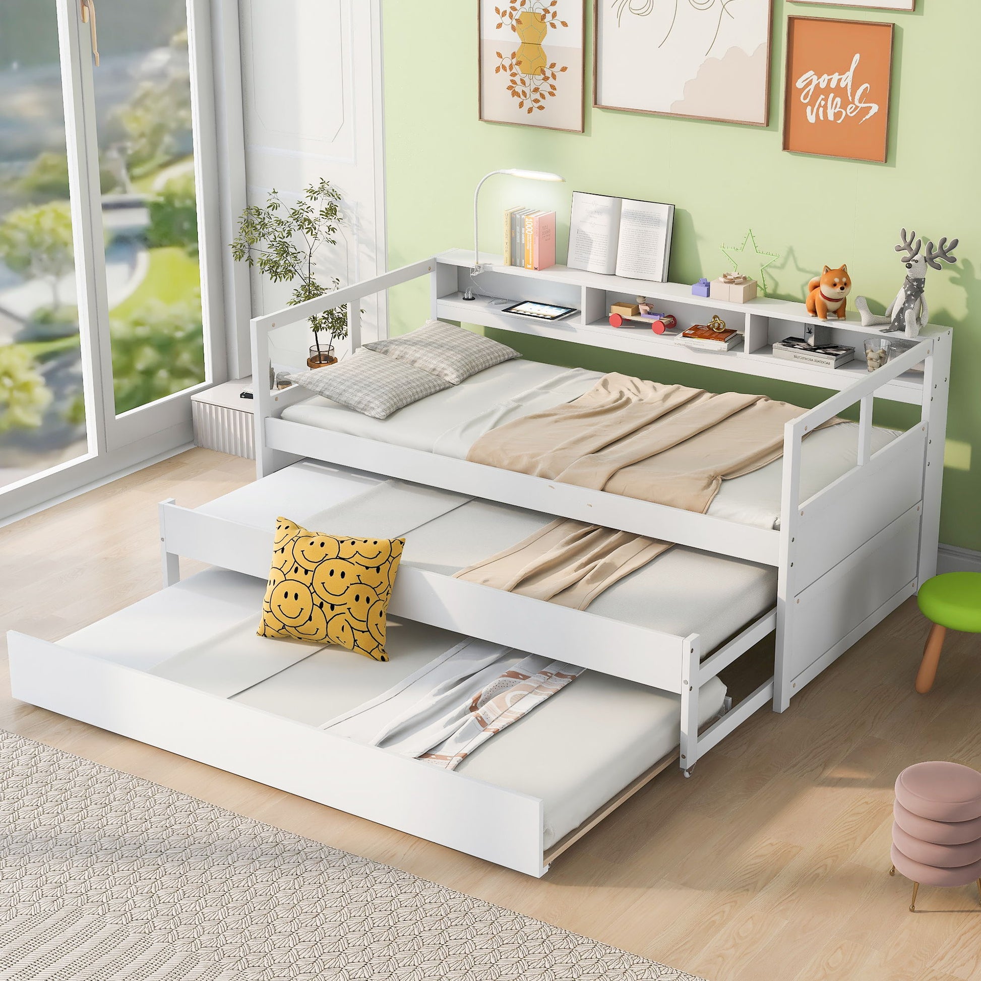Daybed With 2 Trundles, 3 Storage Cubbies, Built In USB Charging Light - The Sleep Loft - Online Mattress Showroom NYC