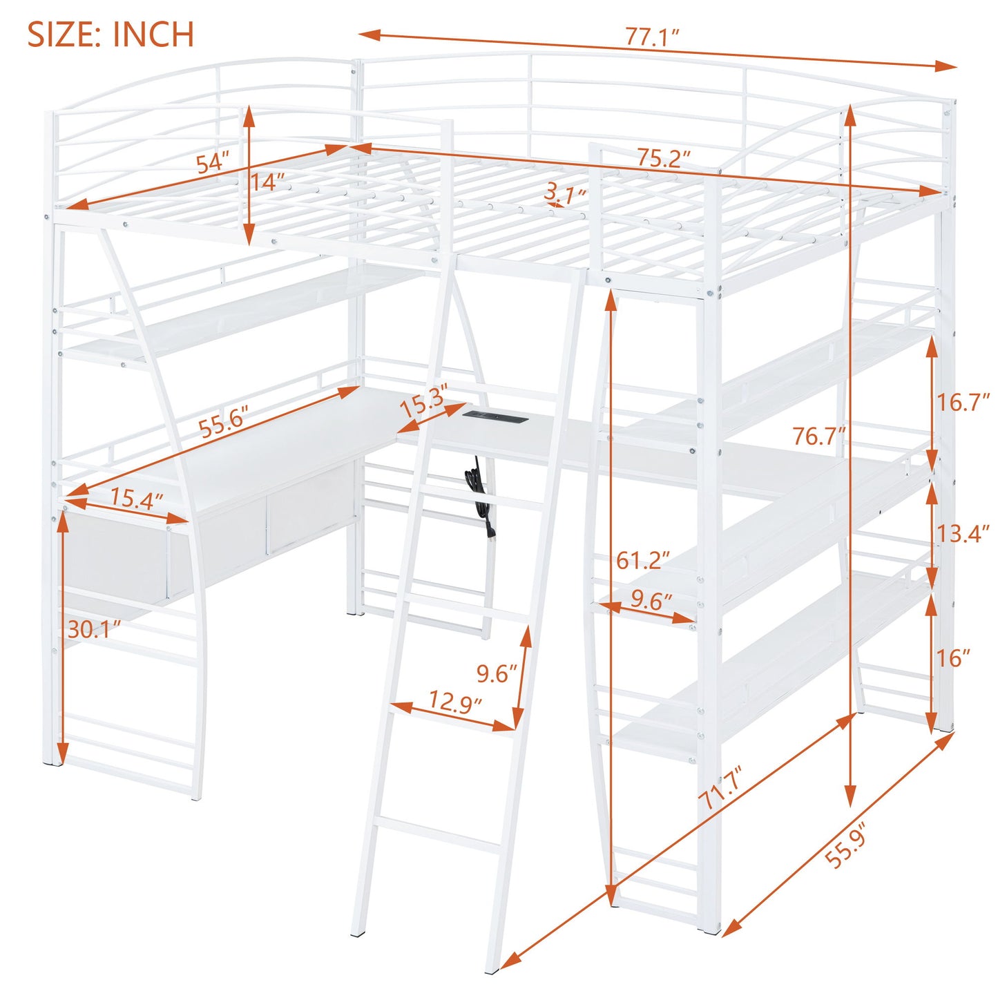 Loft Bed With 4 Layers Of Shelves And L-Shaped Desk, Stylish Metal Frame Bed With A Set Of Sockets, USB Ports And And Wireless Charging - The Sleep Loft - Online Mattress Showroom NYC