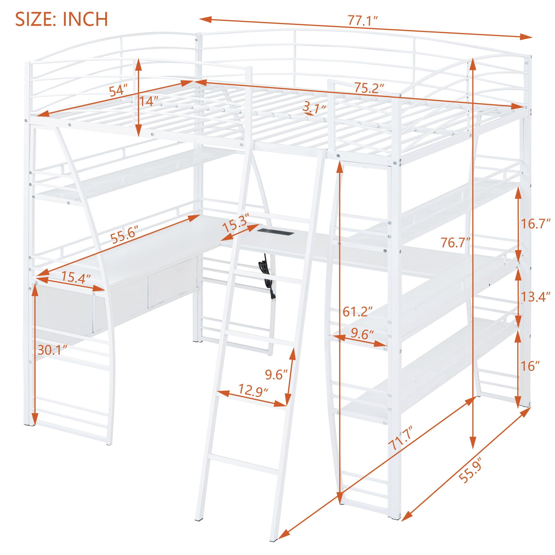 Loft Bed With 4 Layers Of Shelves And L-Shaped Desk, Stylish Metal Frame Bed With A Set Of Sockets, USB Ports And And Wireless Charging - The Sleep Loft - Online Mattress Showroom NYC
