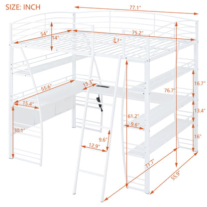 Loft Bed With 4 Layers Of Shelves And L-Shaped Desk, Stylish Metal Frame Bed With A Set Of Sockets, USB Ports And And Wireless Charging - The Sleep Loft - Online Mattress Showroom NYC