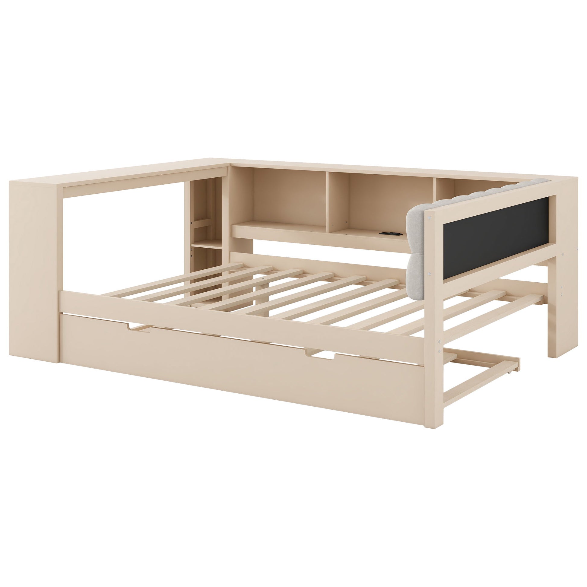 Upholstered Headboard Platform Bed With Storage Shelves, Trundle, Charging Station - The Sleep Loft - Online Mattress Showroom NYC
