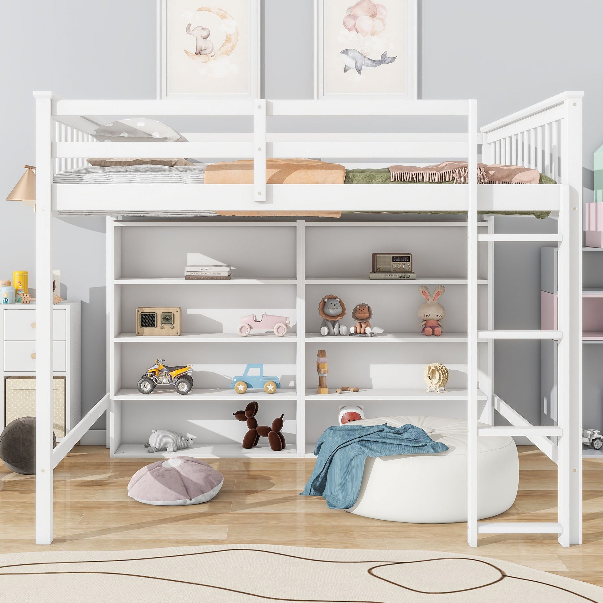 Loft Bed With 8 Open Storage Shelves And Built In Ladder - The Sleep Loft - Online Mattress Showroom NYC