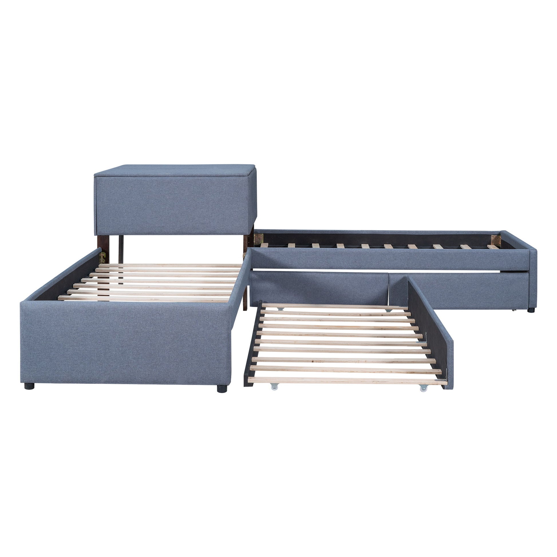 L Shaped Upholstered Platform Bed With Trundle And 2 Drawers Linked With Built In Desk - The Sleep Loft - Online Mattress Showroom NYC