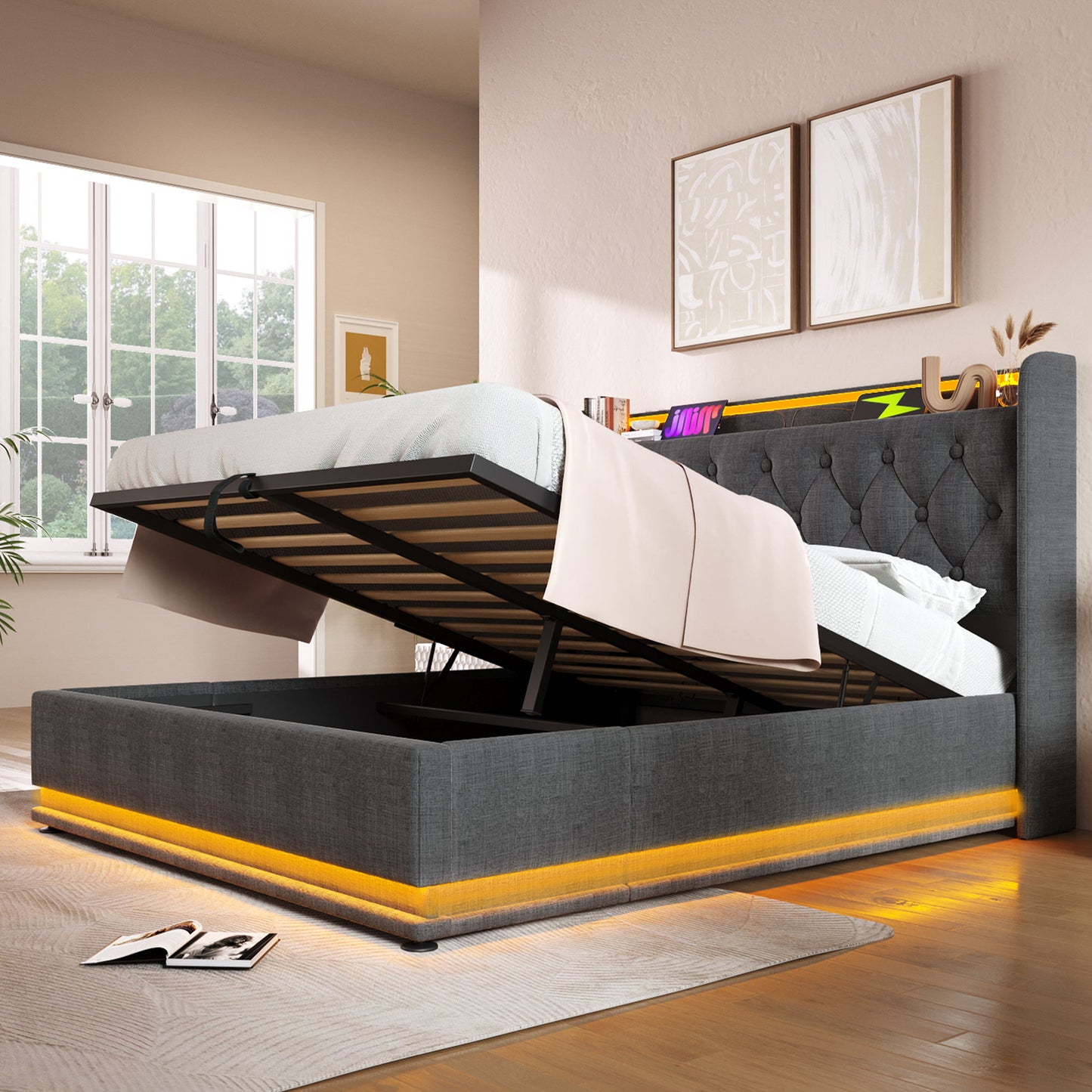 Upholstered Bed, 360 Surround LED Function, Remote Control, Hydraulic Storage Bed With USB, Type-C Charging (Without Mattress) - The Sleep Loft - Online Mattress Showroom NYC