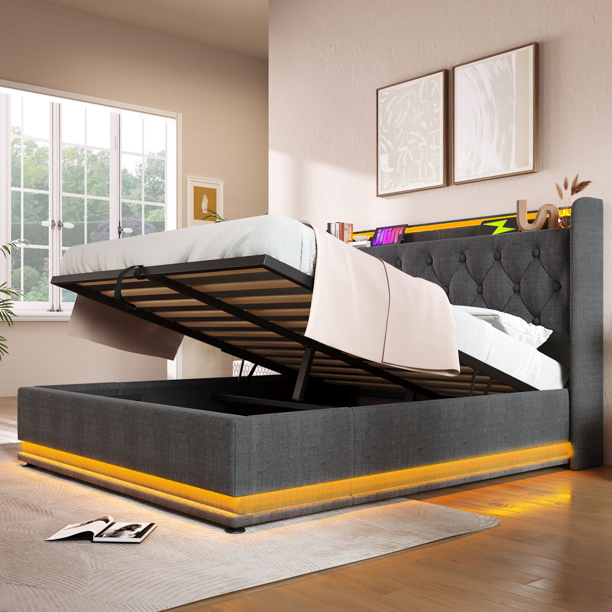 Upholstered Bed, 360 Surround LED Function, Remote Control, Hydraulic Storage Bed With USB, Type-C Charging (Without Mattress) - The Sleep Loft - Online Mattress Showroom NYC
