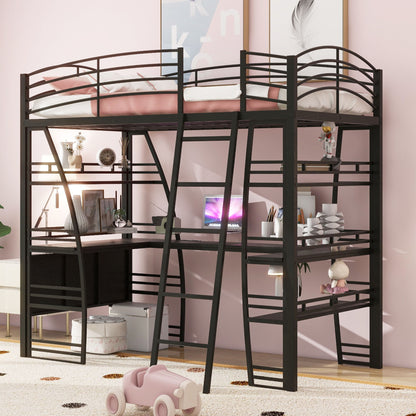 Loft Bed With 4 Layers Of Shelves And L-Shaped Desk, Stylish Metal Frame Bed With A Set Of Sockets, USB Ports And And Wireless Charging - The Sleep Loft - Online Mattress Showroom NYC