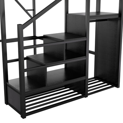 Queen Size Loft Bed With Stairs, Storage Shelves, Wardrobe - Black - The Sleep Loft - Online Mattress Showroom NYC