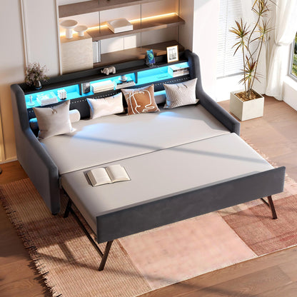 Twin Size Daybed With Trundle With LED Light ＆ Charging Station - Dark Gray - The Sleep Loft - Online Mattress Showroom NYC