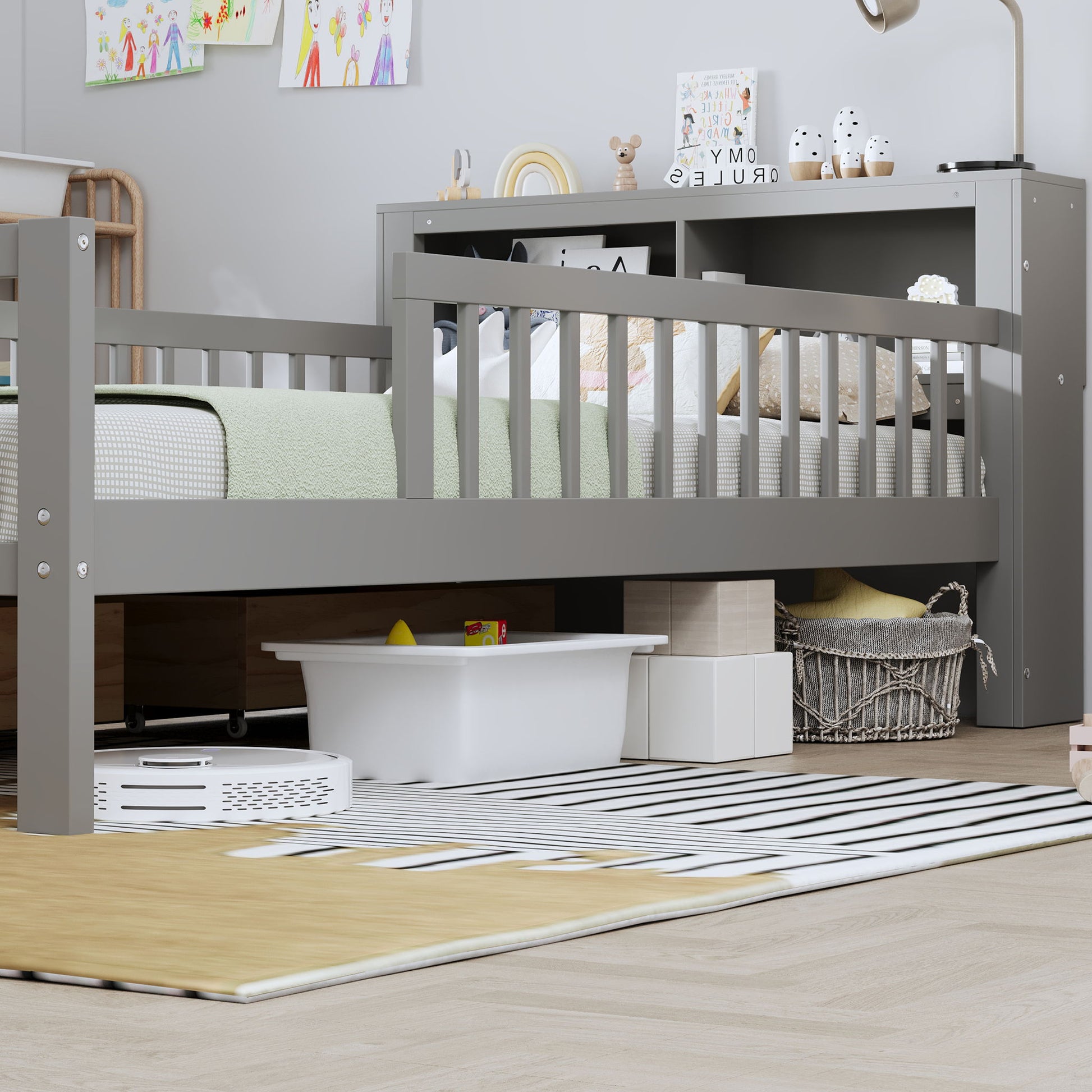 Bed With Headboard Storage Rack, 2 Under Bed Drawers, 3 Side Guardrails For Safety - The Sleep Loft - Online Mattress Showroom NYC