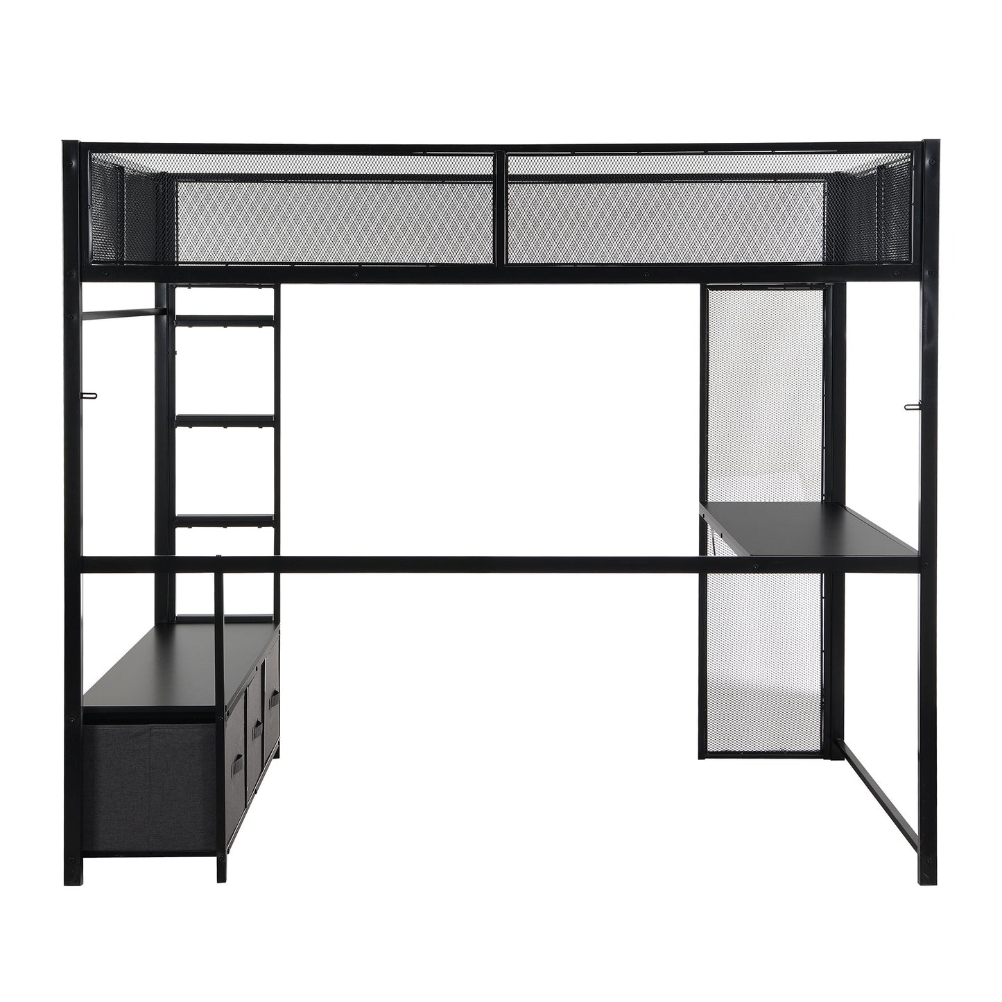 Full Size Gaming Loft Bed With LED Desk, Open Wardrobe, 3 Linen Storage Drawers - Black - The Sleep Loft - Online Mattress Showroom NYC