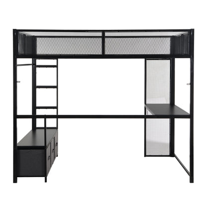 Full Size Gaming Loft Bed With LED Desk, Open Wardrobe, 3 Linen Storage Drawers - Black - The Sleep Loft - Online Mattress Showroom NYC