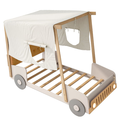 Twin Size Car Bed With Pillow, Ceiling Cloth And LED - Natural - The Sleep Loft - Online Mattress Showroom NYC