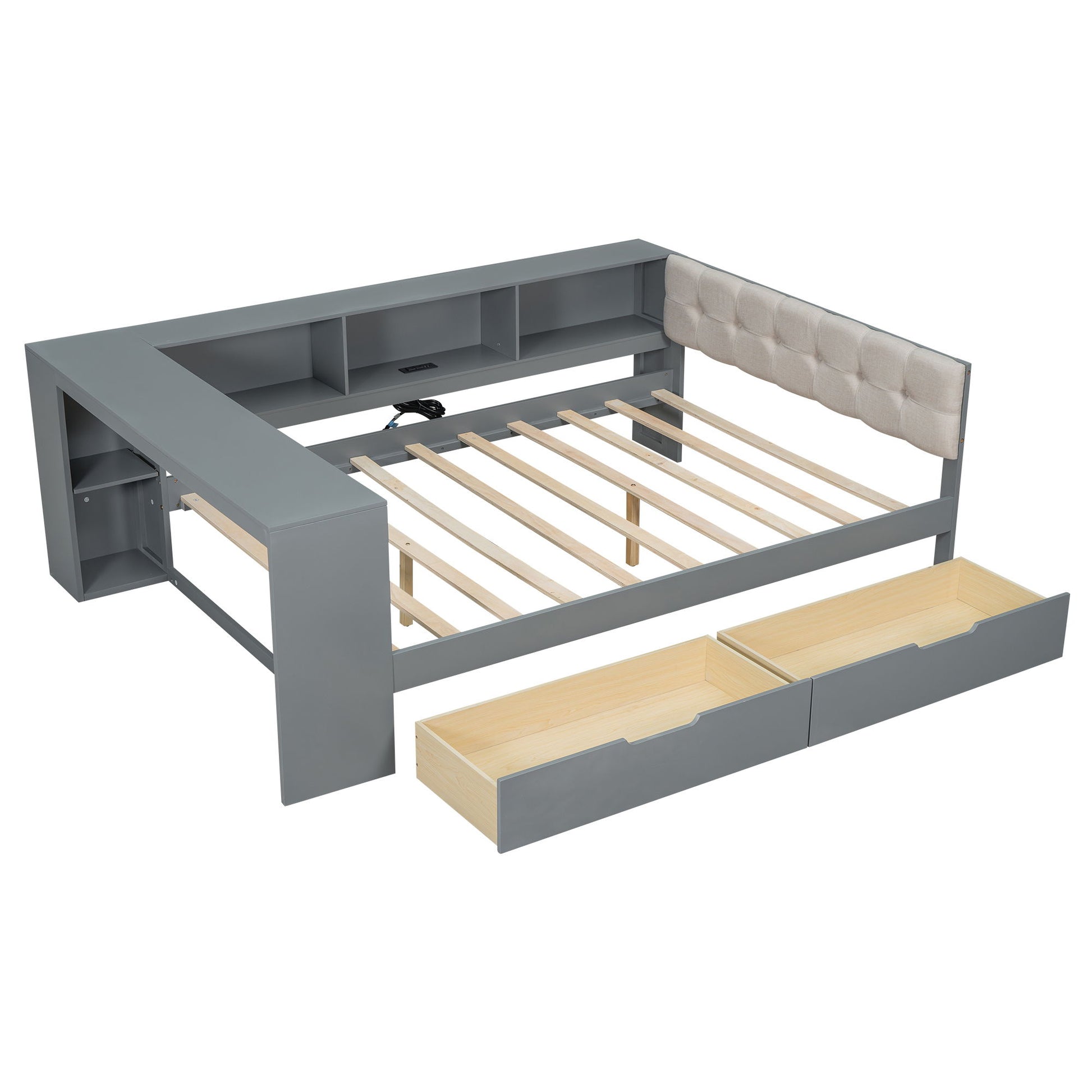 Upholstered Headboard Platform Bed With Storage Shelves, Drawers, Charging Station - The Sleep Loft - Online Mattress Showroom NYC