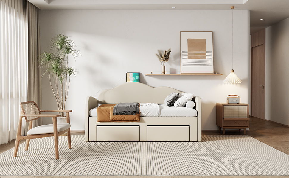 Upholstered Daybed With Cloud-Shaped Backrest, Trundle & 2 Drawers And USB Ports - The Sleep Loft - Online Mattress Showroom NYC