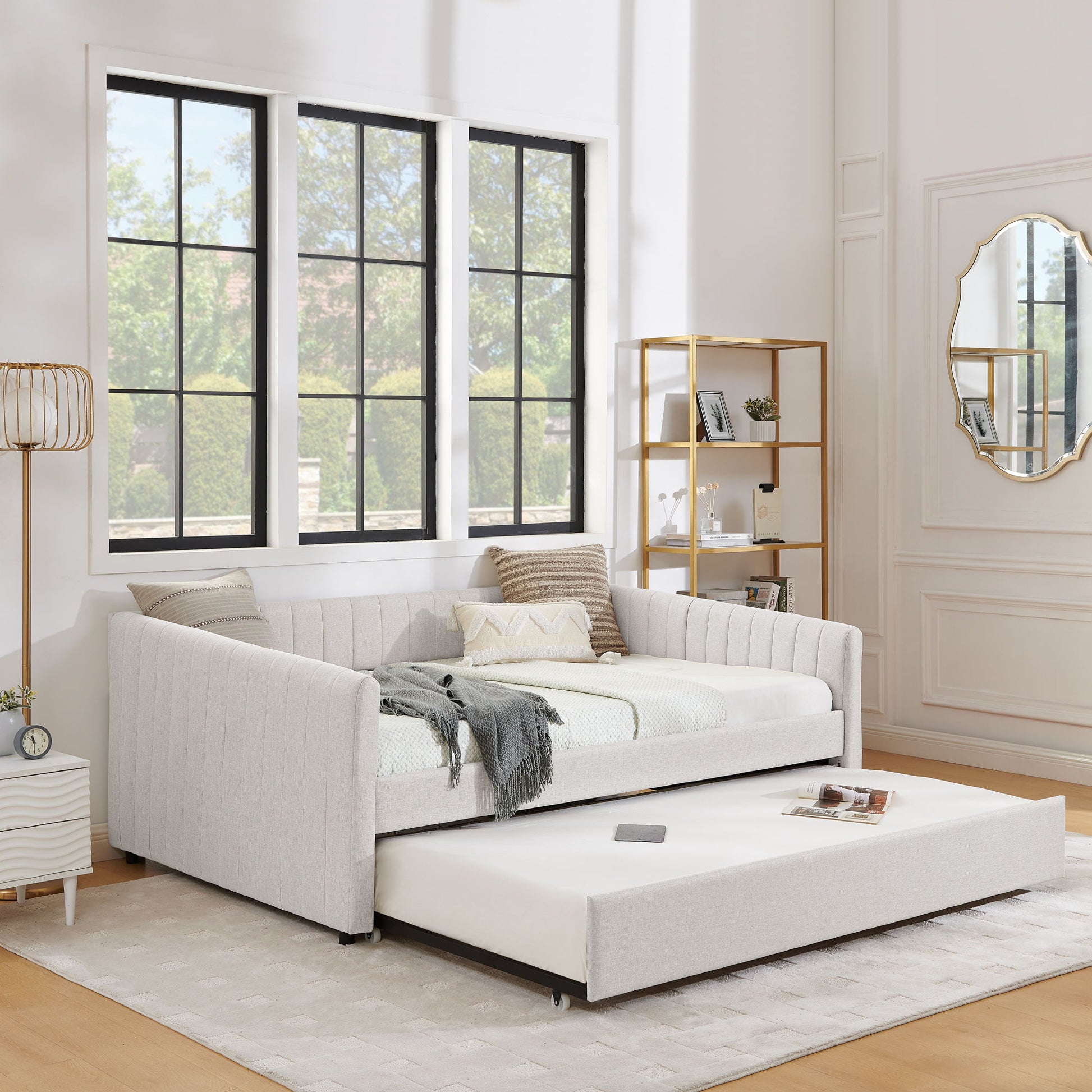 Upholstered Daybed With Trundle With Vertical Stripes - The Sleep Loft - Online Mattress Showroom NYC
