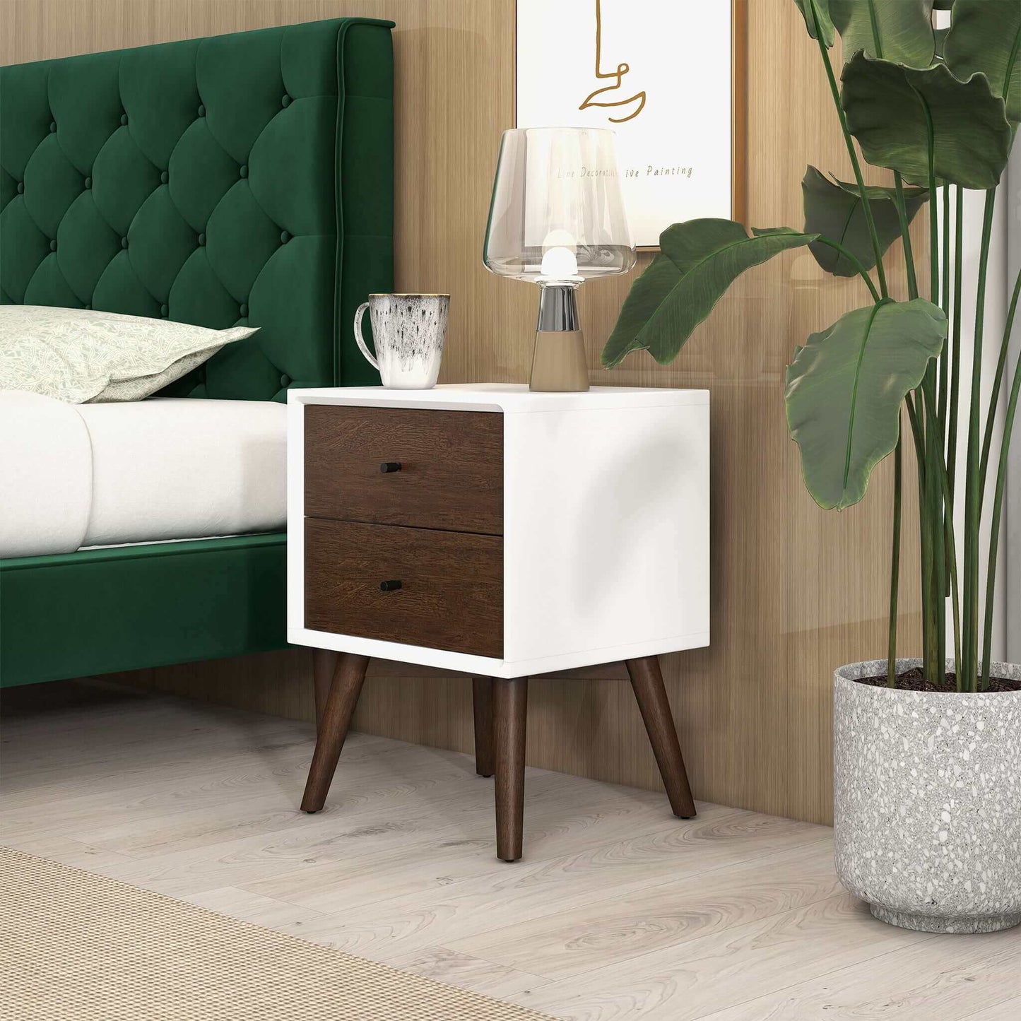 Caroline - Mid-Century Modern Style White Night Stand 2 Drawer - The Sleep Loft - Online Mattress Showroom NYC