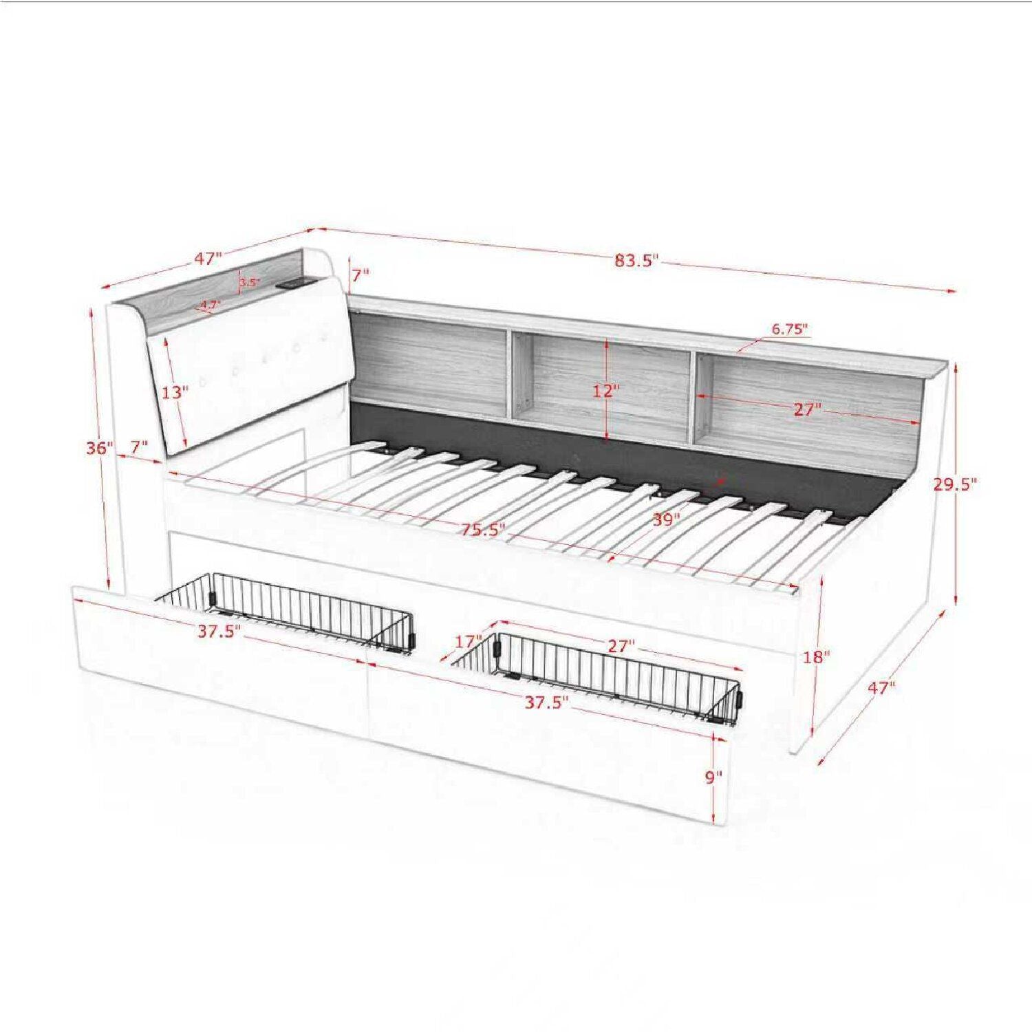 Upholstered Daybed With Storage Headboard, Wireless Charging, LED Lights - The Sleep Loft - Online Mattress Showroom NYC