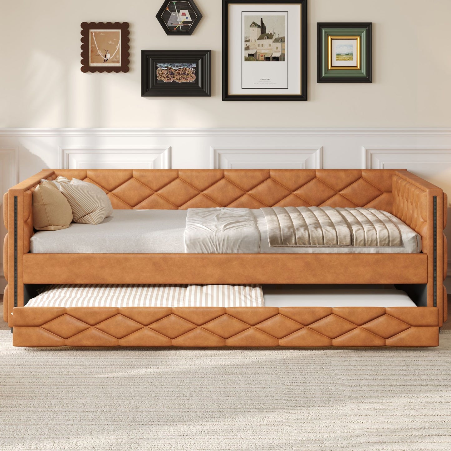 Upholstered Full Long Daybed With Trundle And LED Armrests - Brown - The Sleep Loft - Online Mattress Showroom NYC