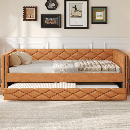 Upholstered Full Long Daybed With Trundle And LED Armrests - Brown - The Sleep Loft - Online Mattress Showroom NYC