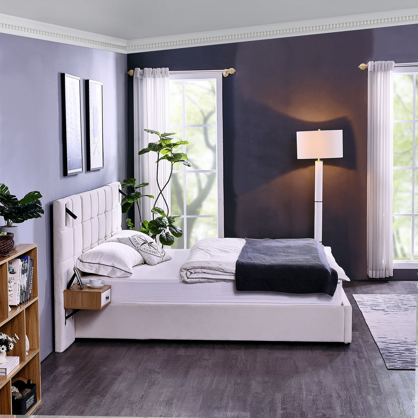 Upholstered Hydraulic Platform Bed With Storage Shelves, Reading Lamps, USB Port - The Sleep Loft - Online Mattress Showroom NYC
