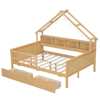 House Style Platform Bed With LED Lights, Storage Shelves, Drawers, And Guardrail - The Sleep Loft - Online Mattress Showroom NYC