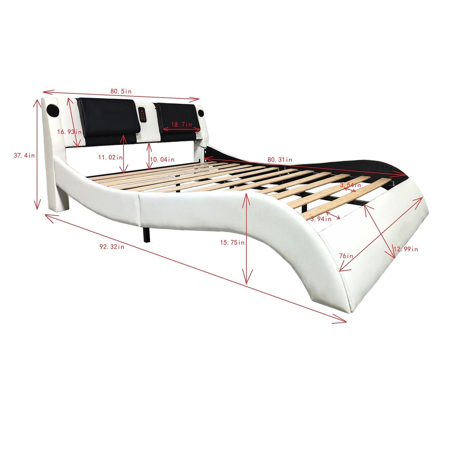 Upholstered Platform Bed Frame With LED Lighting, Bluetooth Connection To Play Music Control, Backrest Vibration Massage, Curve Design, Wood Slat Support, Exhibited Speakers - The Sleep Loft - Online Mattress Showroom NYC
