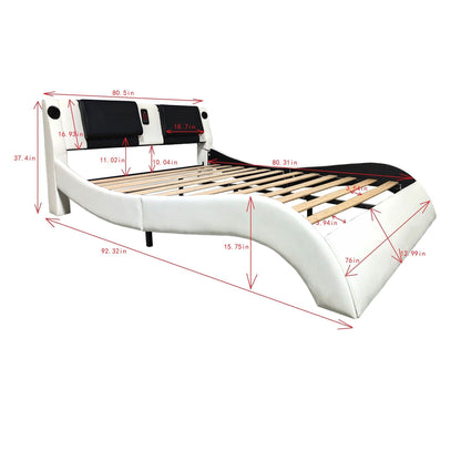 Upholstered Platform Bed Frame With LED Lighting, Bluetooth Connection To Play Music Control, Backrest Vibration Massage, Curve Design, Wood Slat Support, Exhibited Speakers - The Sleep Loft - Online Mattress Showroom NYC