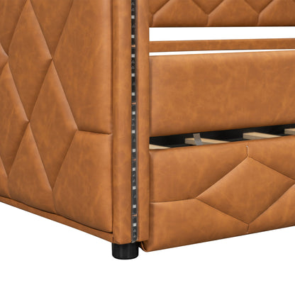 Upholstered Full Long Daybed With Trundle And LED Armrests - Brown - The Sleep Loft - Online Mattress Showroom NYC