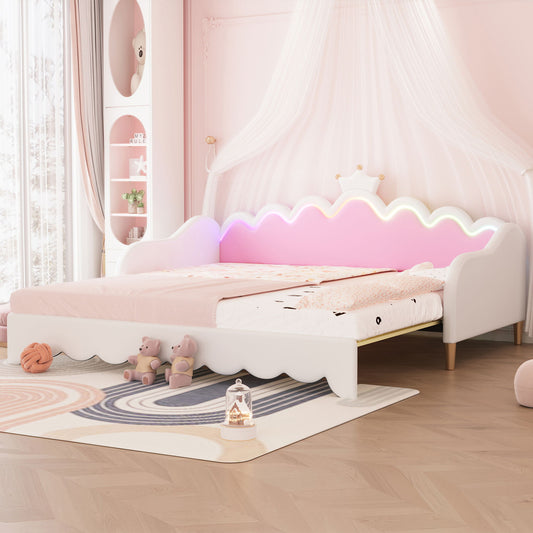 Extending Daybed With LED Lights, Modern Upholstered Princess Daybed With Crown Headboard - The Sleep Loft - Online Mattress Showroom NYC