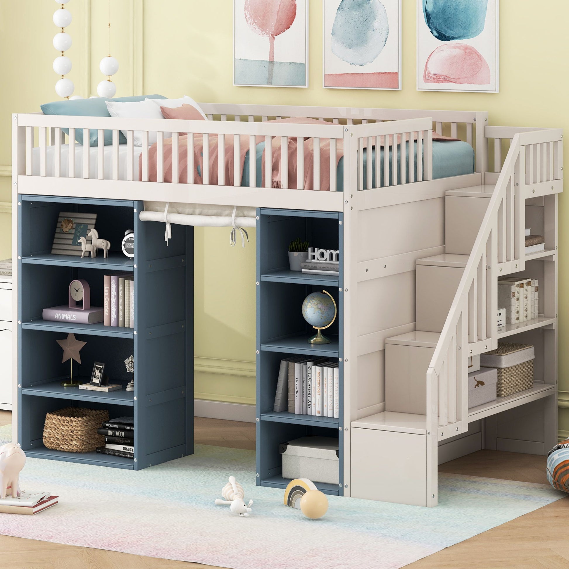 Full Size Loft Bed With 2 Four Layer Storage Cabinets And Curtain With Built In Staircase And Privacy Curtain - White - The Sleep Loft - Online Mattress Showroom NYC