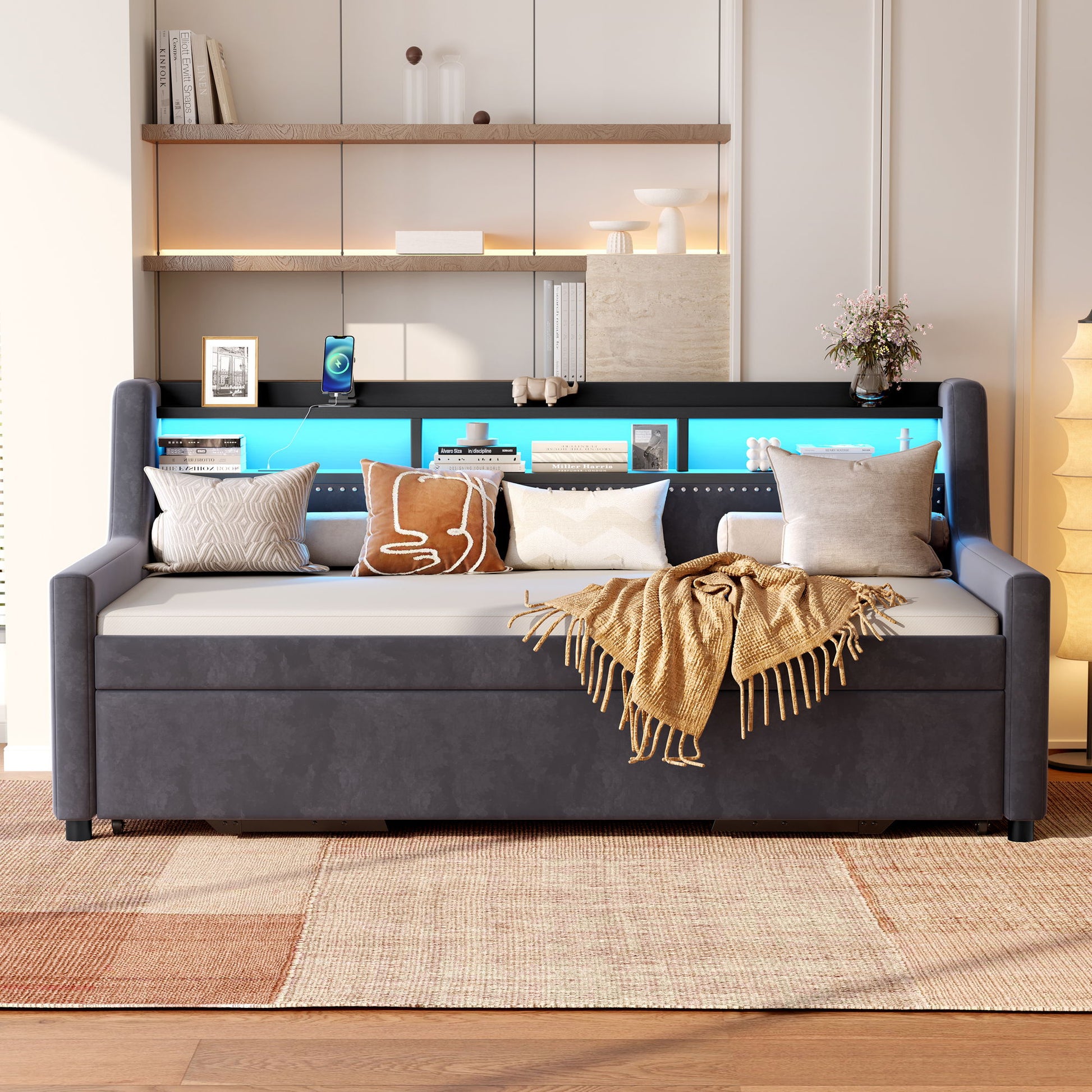 Twin Size Daybed With Trundle With LED Light ＆ Charging Station - Dark Gray - The Sleep Loft - Online Mattress Showroom NYC