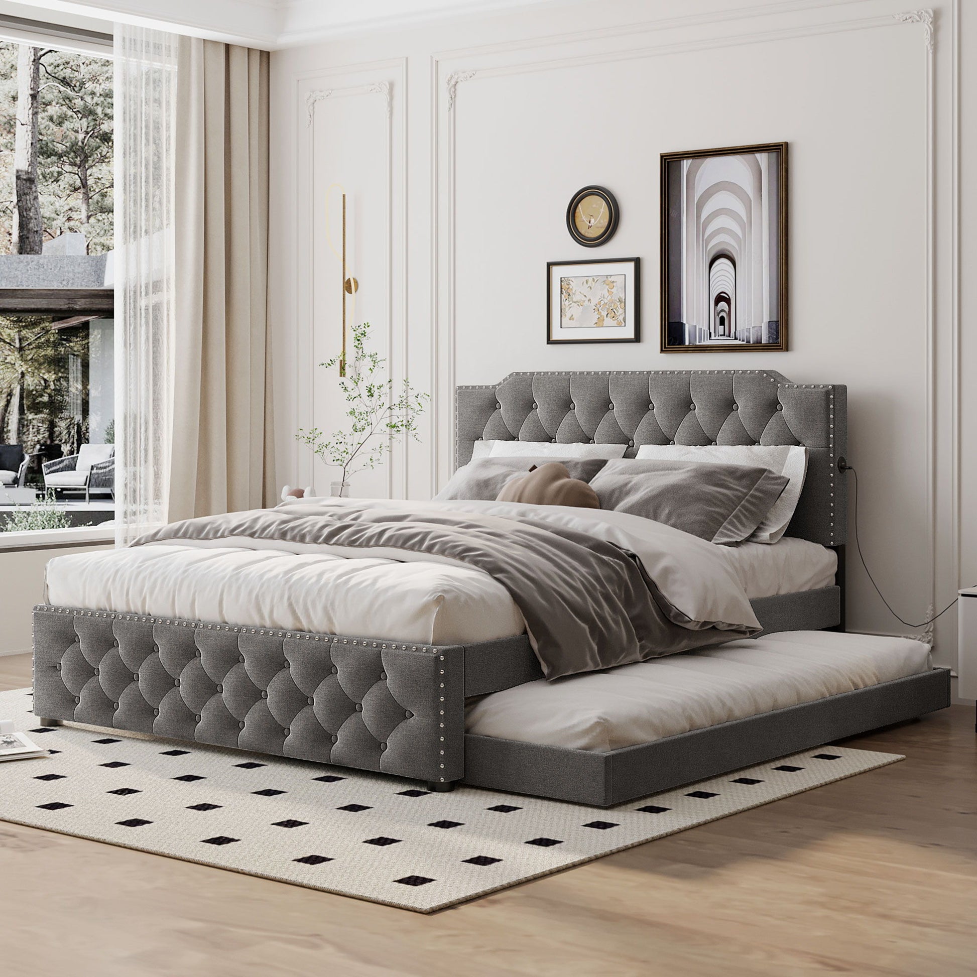 Upholstered Platform Bed With Trundle And 2 Sets Of USB Ports On Each Side, Linen Fabric - The Sleep Loft - Online Mattress Showroom NYC