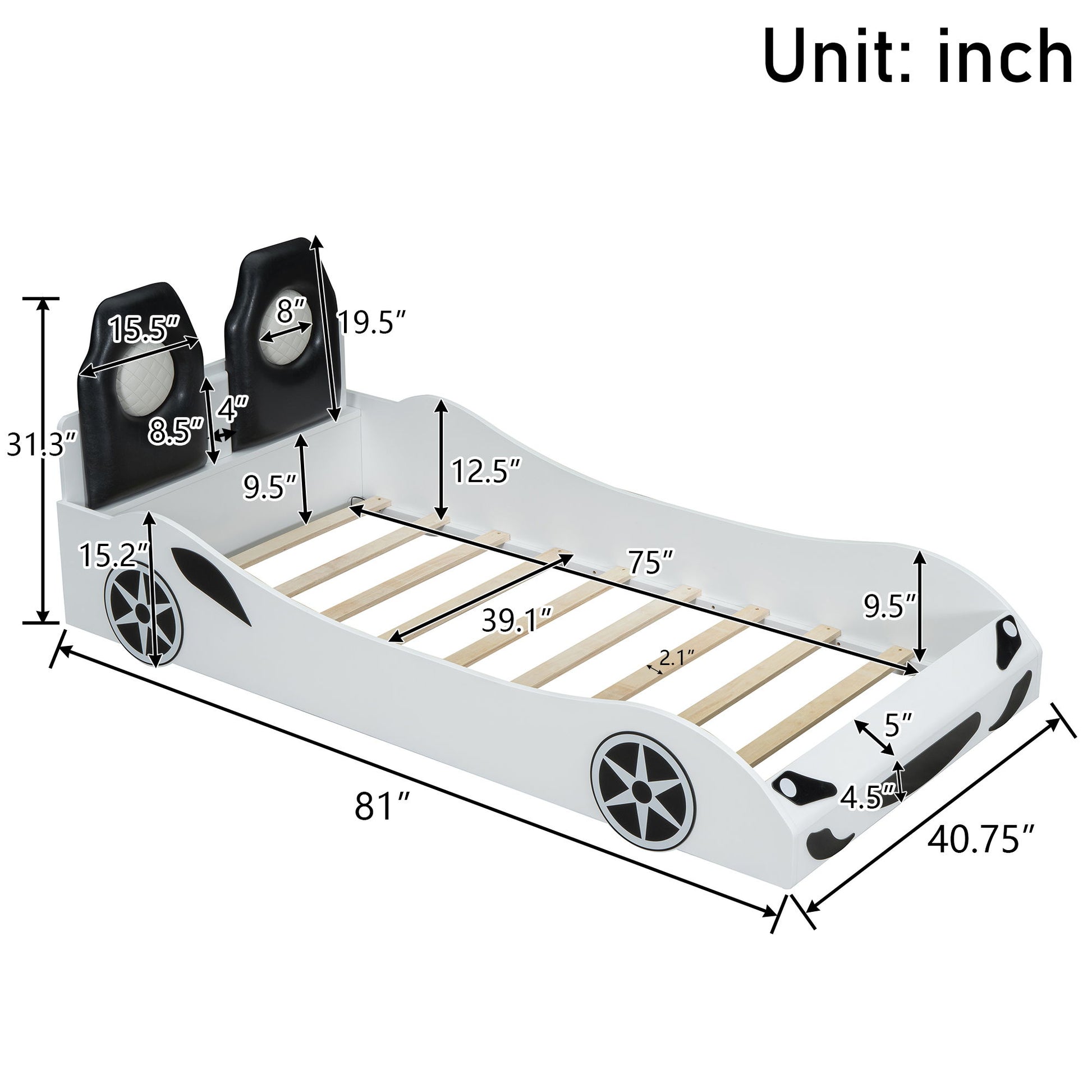 Race Car Shaped Platform Bed With LED And Upholstered Backrest In - The Sleep Loft - Online Mattress Showroom NYC