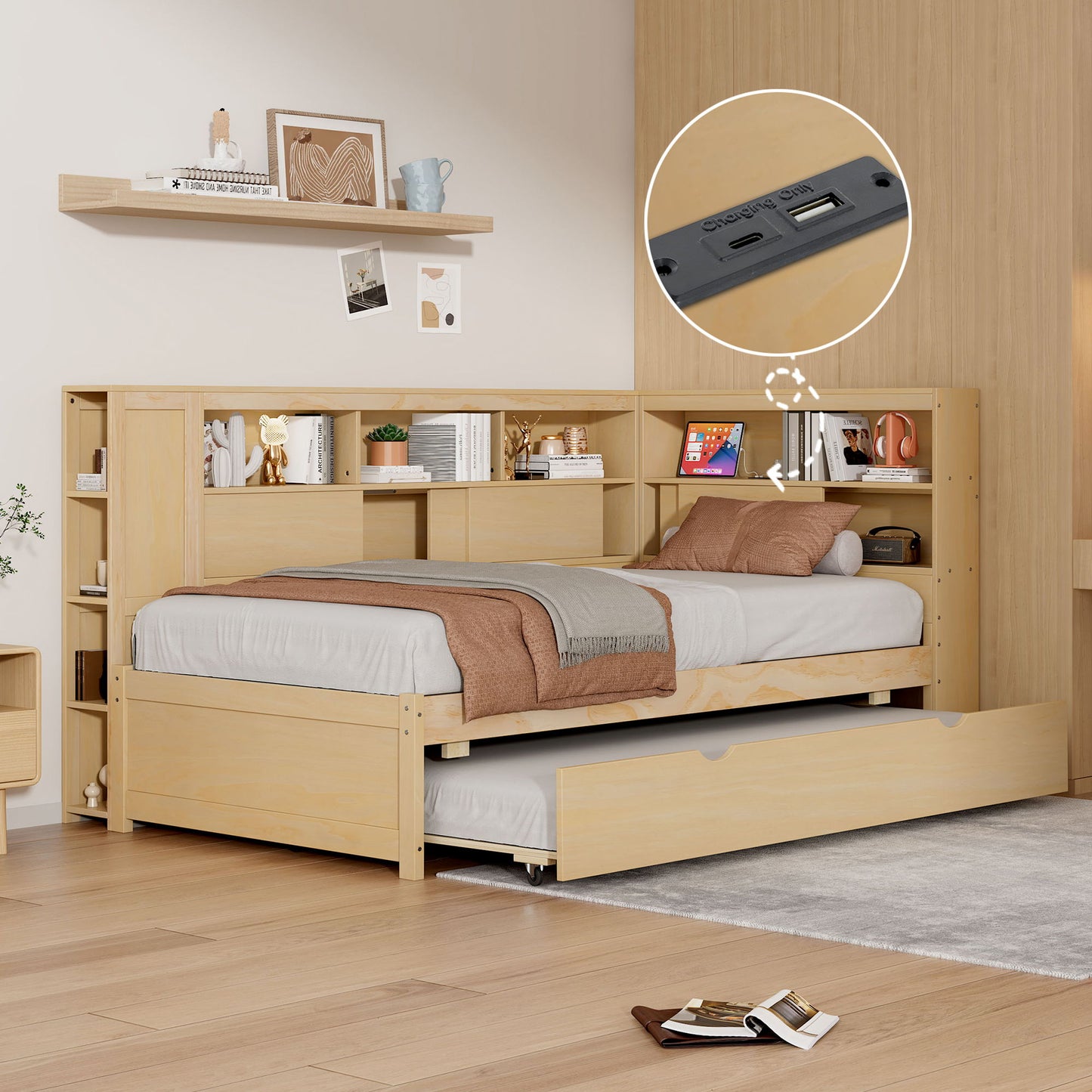 Daybed With Storage Shelves, USB Charging, And Trundle Bed - The Sleep Loft - Online Mattress Showroom NYC